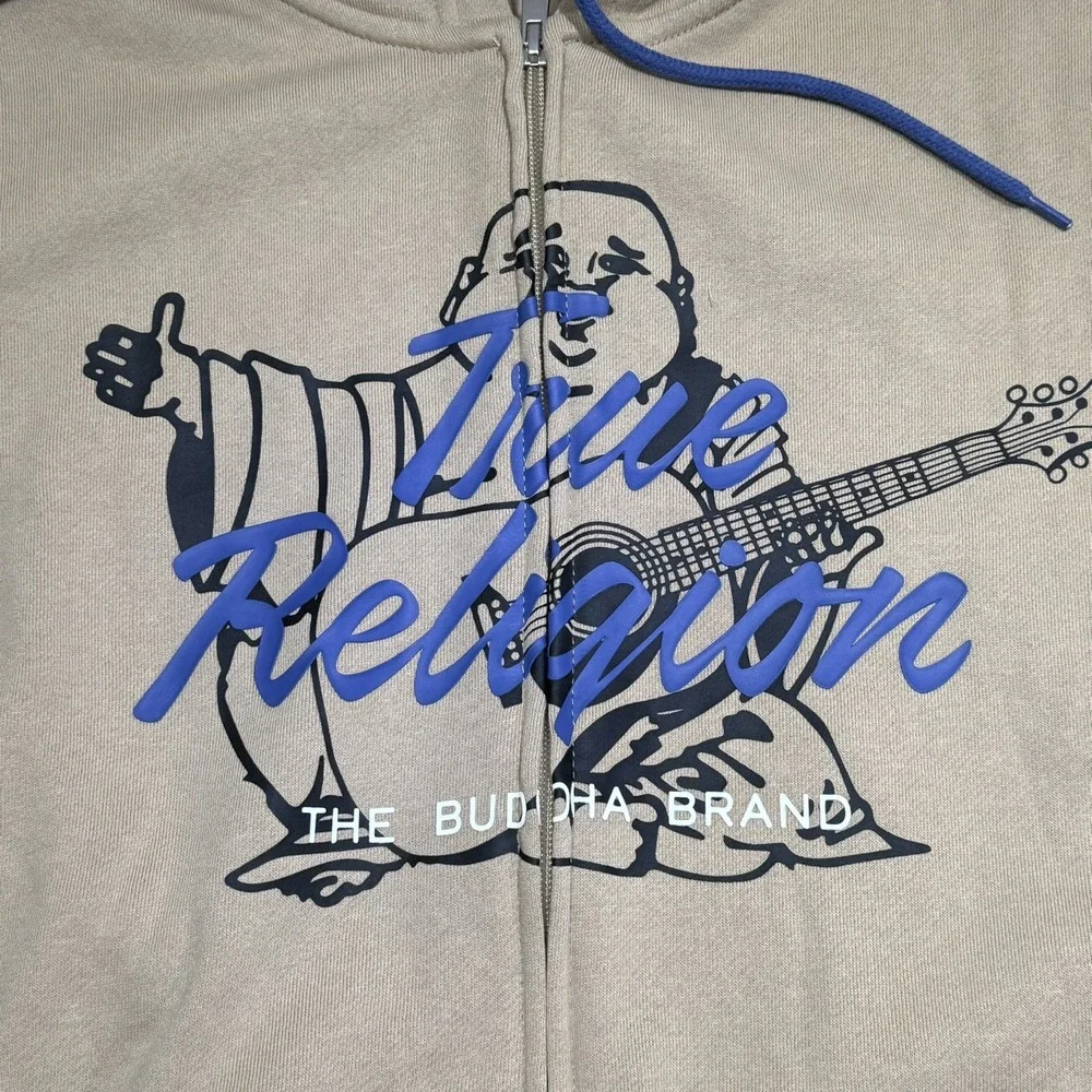 NWT $119.00 True Religion Mens Buddha Script Fleece Hoodie Fog‎ Tan Sz Medium